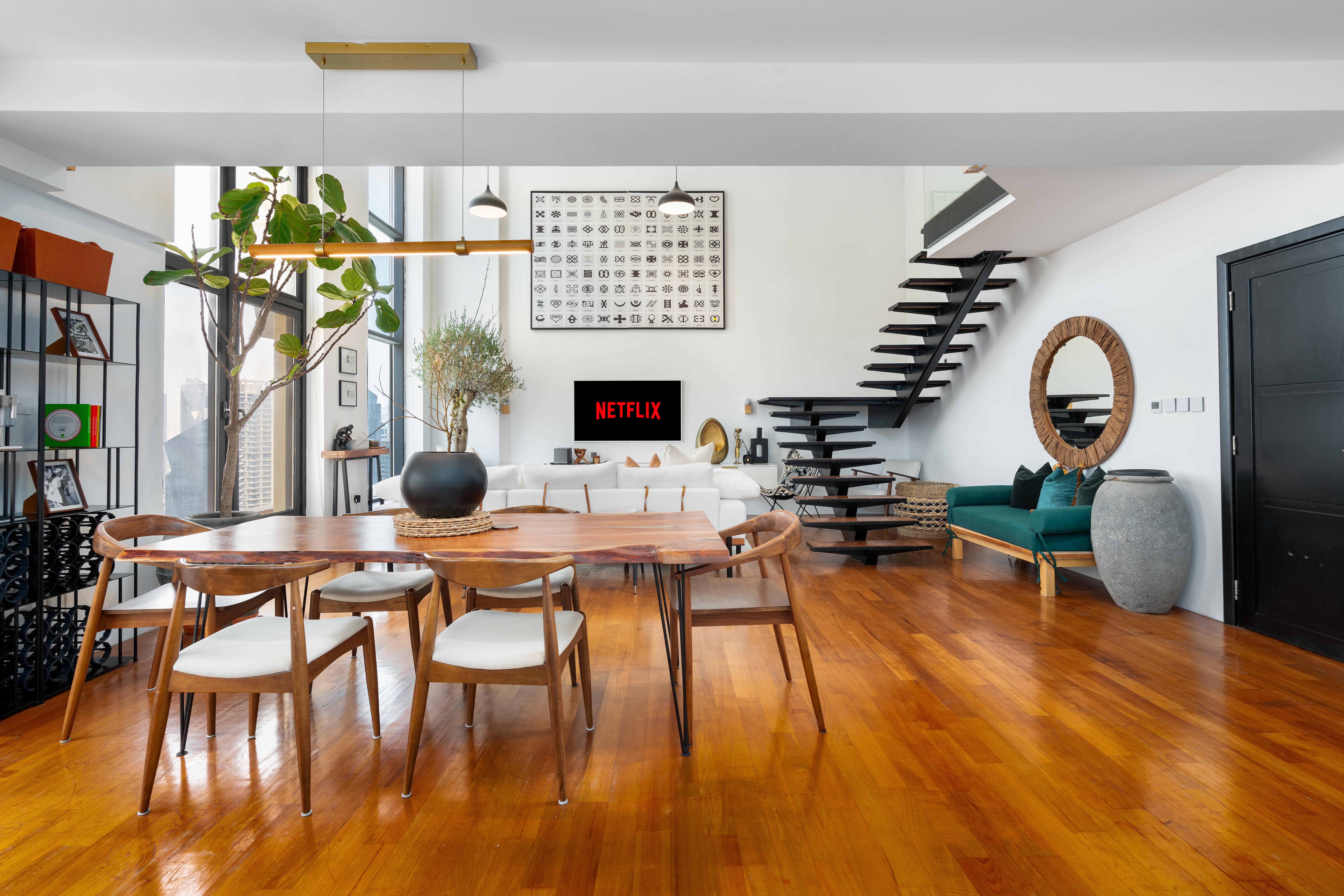 Loft dining and entertainment area photography